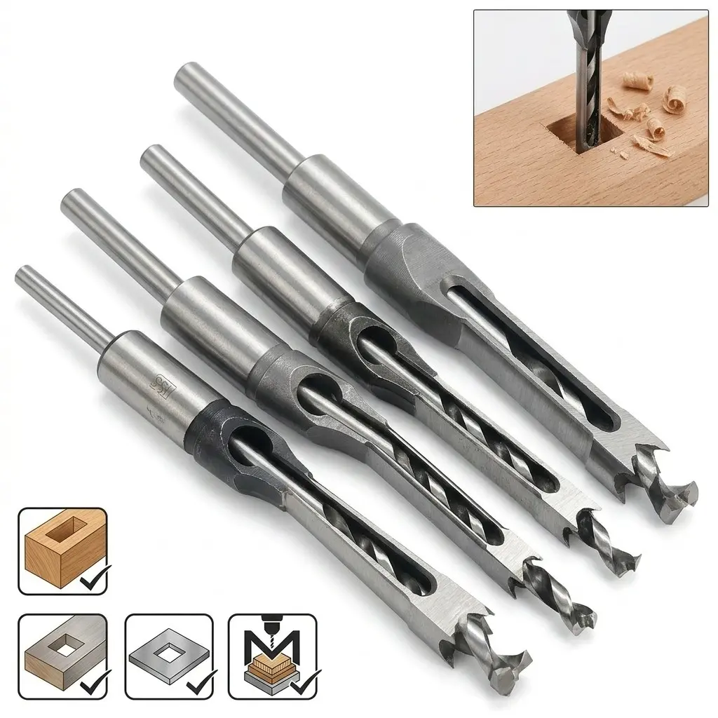 High-Speed Steel Square Hole Drill Bit Set, 4-Piece Kit, 1/4, 1/2, 5/16, 3/8 Sizes, Universal for Wood, Plastic, Metal