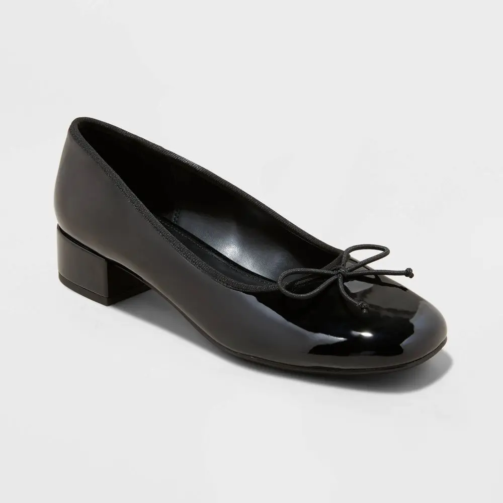 Women's Wide Width Joy Ballet Pumps - A New Day Black 8.5W: Slip On Cushioned Insole Block Heel
