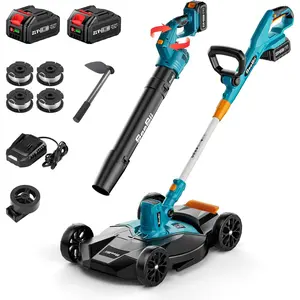 【Seesii】 Electric 12" Lawn Mower and Leaf Blower Combo Kit, 3 in 1 Cordless Weed Wacker Grass Eater with 1.3"/2.1" Height, Battery String Trimmer Rotary Handheld Blower with 5-Speed for Yard Lawn