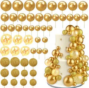 50PCS Gold Ball Cake Topper Decoration for DIY Baking 5 Sizes Decorative Cake Toppers for Wedding Birthday and Anniversary