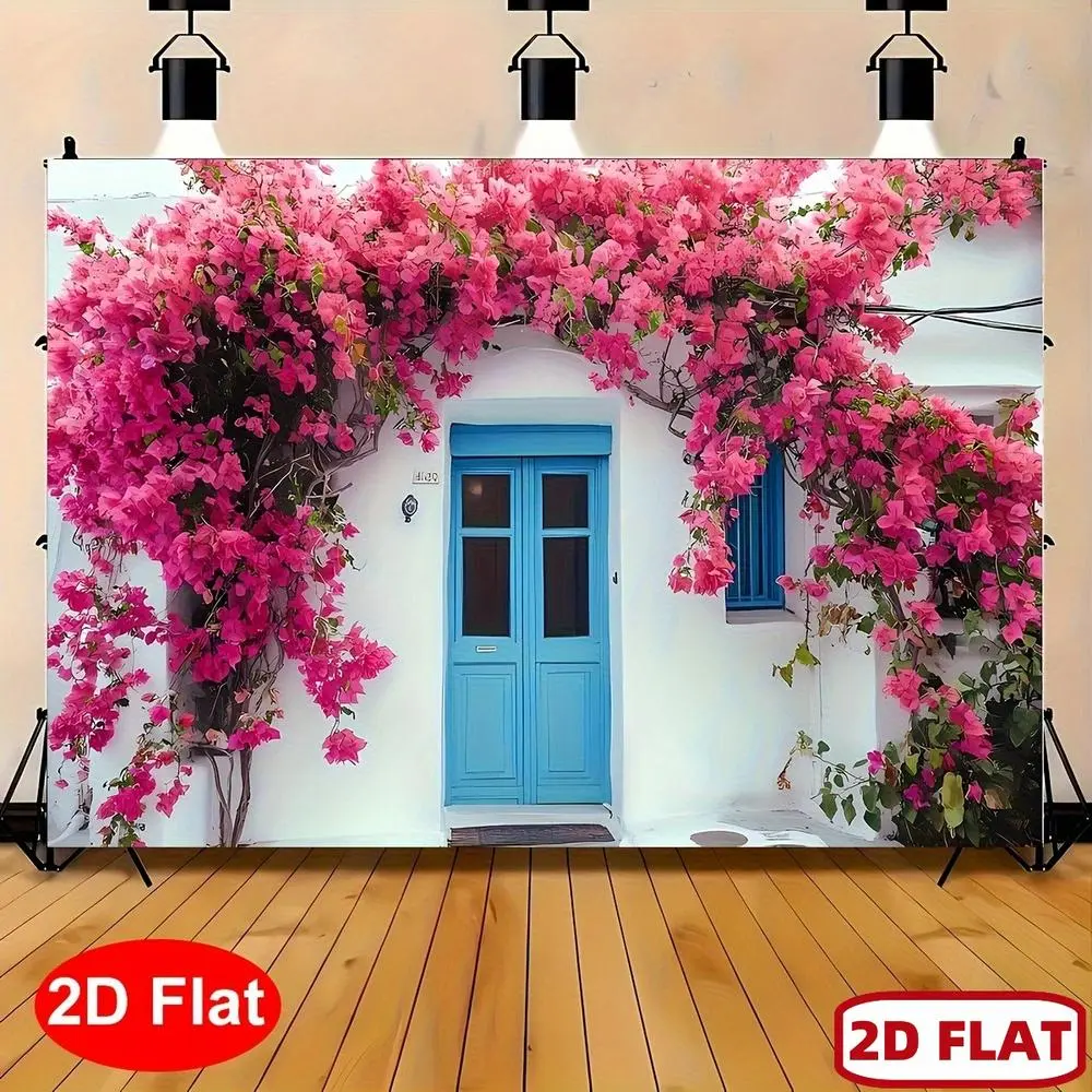 8ft x 6ft Decorative 2D Flat Polyester-Silk Blend Mediterranean Greek Santorini Photography Backdrop Banner, Vibrant Pink Flowers-Metal Geometries Ribbon Glam Decoration, Blue Door & White Ornaments for Weddings, Birthday (No Electricity Needed)