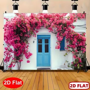 2D Flat Greek Santorini Photography Backdrop Vibrant Pink Blooming Flowers Blue Door Scene Polyester Banner for Weddings Birthdays Mamma Mia Party Decor No Electricity Needed We Ornaments White