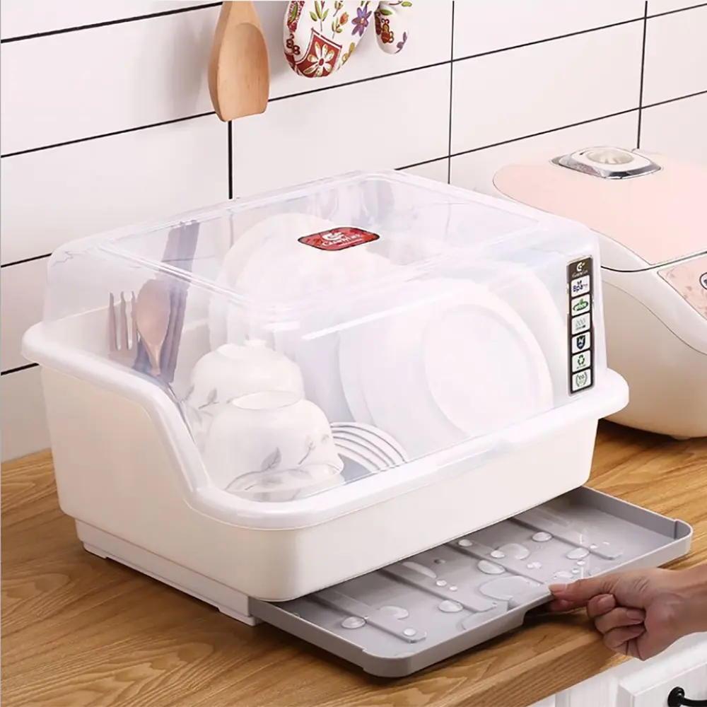 Tomorotec Medium Rectangle Expandable Dish Drying Rack with 16"x12.2"x10.6" Drain Board, Lid Cover, Nursing Bottle Holder, Plate Tray, Cutlery Drainer - Compact Kitchen Organizer Draining Boards with 100% Satisfaction Guarantee, Drainboard, Utensil