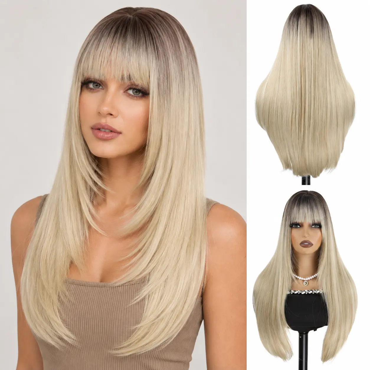 Long Straight Layered Wig with Bangs for Women 26 inch Layered ealistic Look Hairstyle Synthetic Heat Friendly Wig