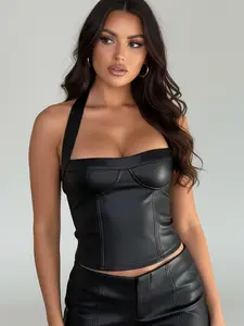 Women's Sexy PU Leather Minimalist Cropped Halter Top, Slim Fit Short Backless Design, Perfect for Spring & Fall, Ideal for Casual Wear