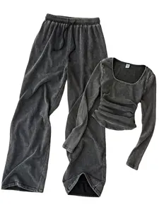 Teenage Girls American Vintage Distressed Square Neck Long Sleeve Top & Drawstring Wide Leg Pants Two-Piece Casual Set Clothes