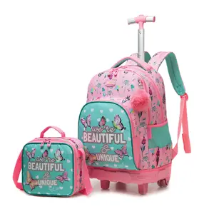 Beautiful Unique Butterfly Rolling Backpack for Girls 3Pcs Set, Integrated Wheeled School Bag with Crossbody Lunch Box, Cute Pink Teal Trolley Bookbag for Kids holiday birthday gift
