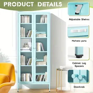 Metal Glass Display Cabinet With Five-Tier Storage Shelves Tall Glass-Door Display Cabinet Steel Storage Cabinet Display Unit Ideal For Home Offices And Living Rooms (Blue/Pink/White/Black)