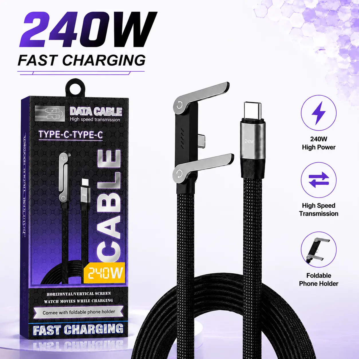 240W Fast Charging Type-C to Type-C Cable, Nylon Braided High-Speed Data Transfer Cord with 360° Rotatable Foldable Phone Stand Connector & 90° Elbow Plug for Game Use, Smartphone, Cellphone, Laptop, Electronic Devices