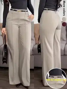 Women's Elegant Plain Pocket Wide Leg Long Pants, Office Casual Suit Pants, Easy Care Machine Wash, Classic High Waist Design