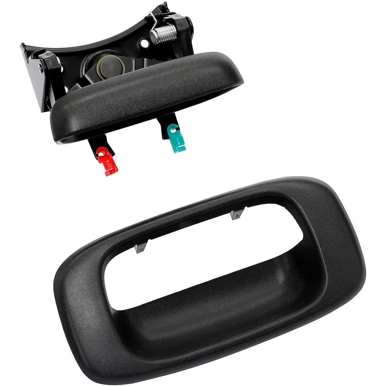 Plastic Tailgate Handle Latch Set with Bezel Trim and Rod Clips - Factory Fit, OE/OEM Replacement for 1999-2007 Chevy Silverado, GMC Sierra 1500, 2500, 3500 | Replaces# 15997911, 15228539, 15228541, 15228540