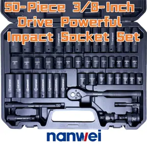 50PCS 3/8 in Drive Socket Wrench Tool Kit Set, Metric Deep & Standard Hex Sockets with Extension Bars & Adapter, Durable Hand Tools in Hard Storage Case for Auto Garage Repair