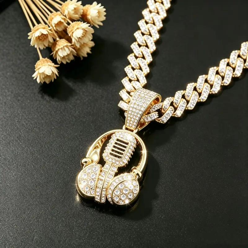 Iced Out Headphone & Microphone Pendant Necklace, Hip Hop Cuban Link Chain Jewelry Necklaces for Music Lovers