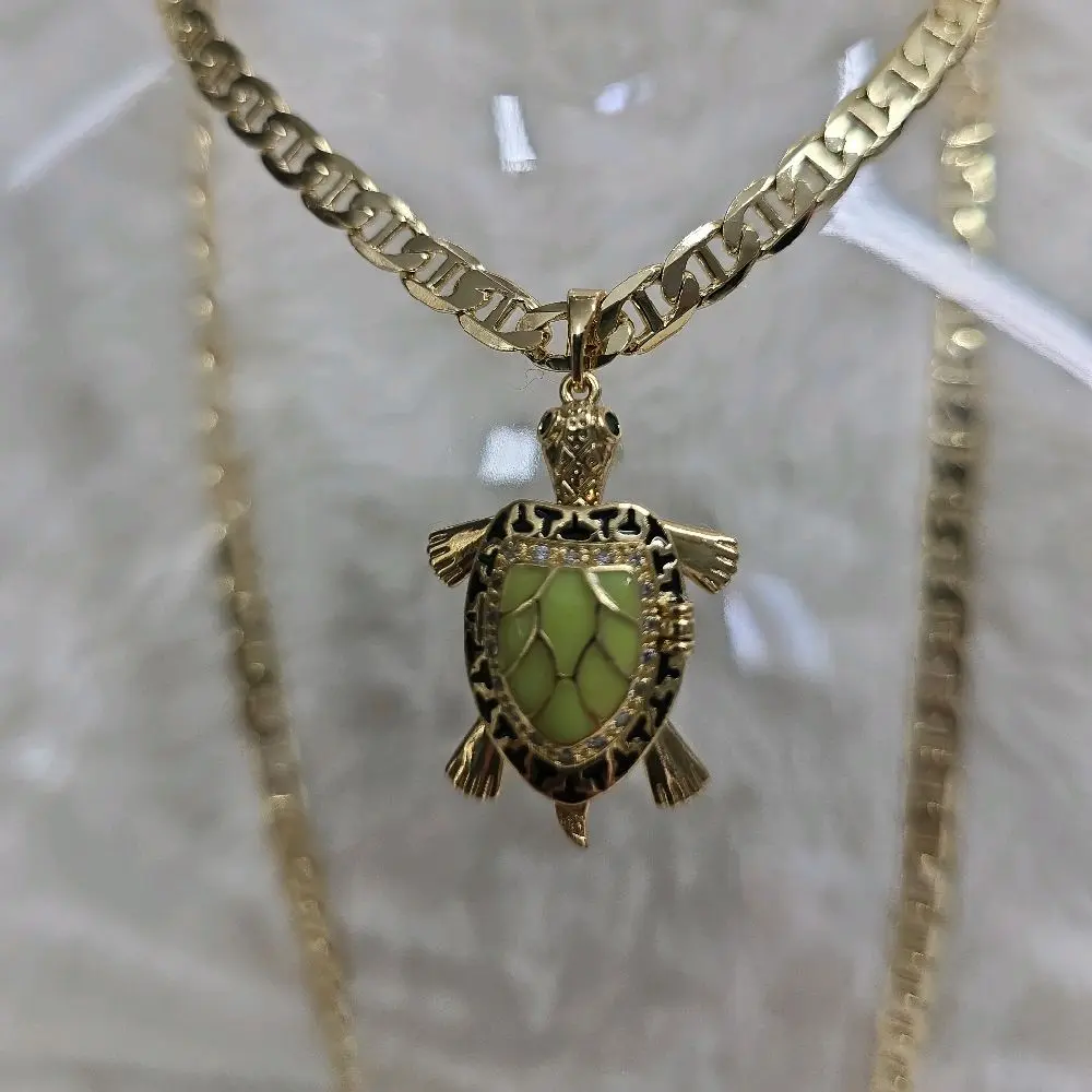 # 0084 Gold Plated 14k Turtle Pendant Necklace with Green Shell Design High-Quality Jewelry for Women