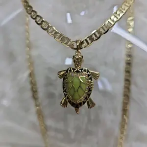 # 0084 Gold Plated 14k Turtle Pendant Necklace with Green Shell Design High-Quality Jewelry for Women
