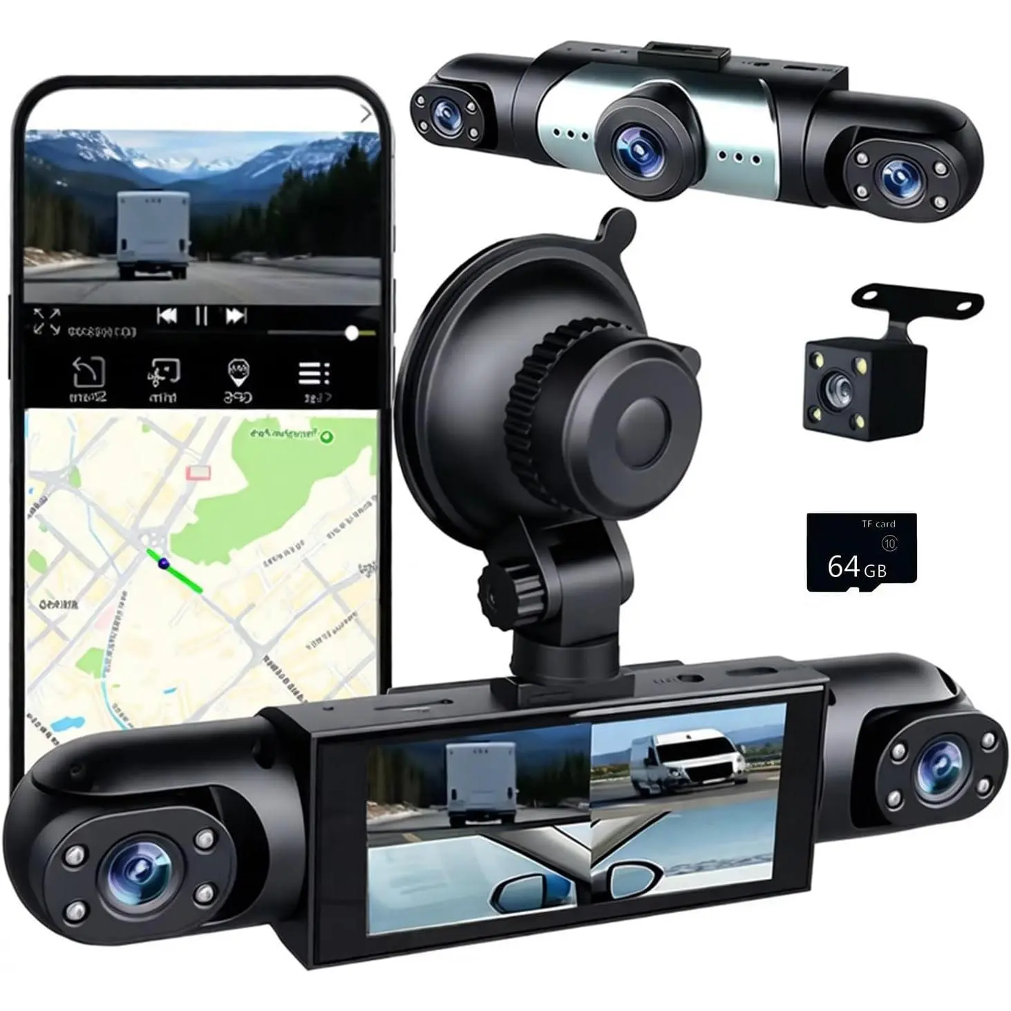 4 Channel Dash Cam 360° View, 1080P Front and Rear Inside, Left Right Dash Camera for Cars, Night Vision, WiFi & APP Control, G-Sensor, Loop Recording with 64GB SD Card (Y108WiFi+64G)