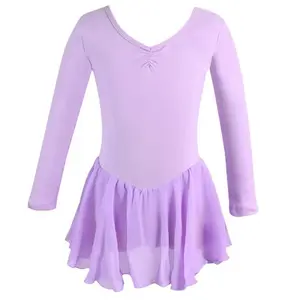 Girls Long Sleeve Ballet Dress Solid Color Back Crisscross Strap Dance Practice Performance Dress