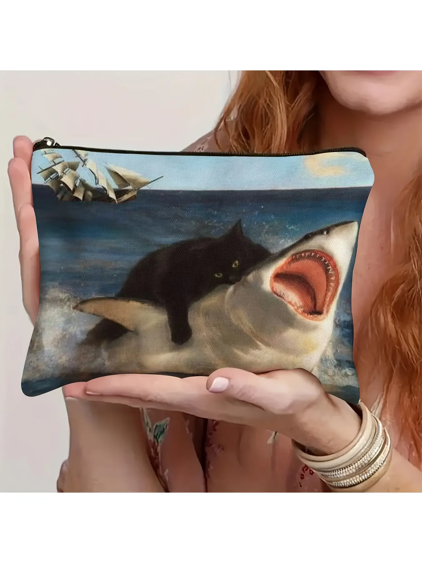 Delicate humor style makeup bag, Vintage vanity bag, funny black cat attacking shark, humorous theme makeup bag, Fashion Gifts, Sister Portable Cosmetic Bag, Multifunctional Storage Pouch, Coin Pouch, Suitable for Travel, Cosmetics Bag