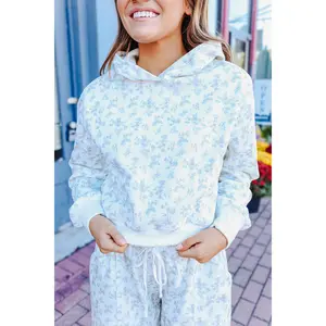 Jenna Floral Print Cropped Hoodie - Ivory
