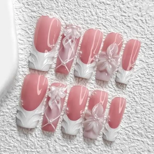 CuraTique | Sheer Bloom GC 10PCS Handmade Press On Nails REUSABLE 3D Gel spring 2026 / Prom