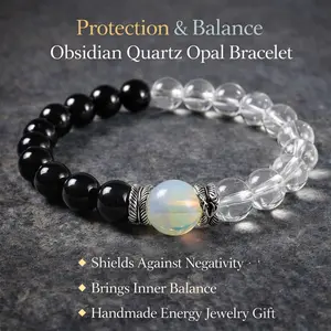 Obsidian Clear Quartz Bracelet with Opal Accent, Protection & Clarity Energy Bracelet for Men Women, Balance Jewelry for Daily Wear