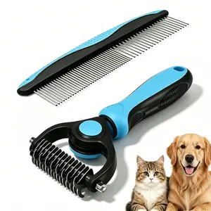 double-sided undercoat rake 2 Pack Pet Grooming Combo - Blue Deshedding Brush,With Metal Comb,Bath Brush, With Long & Short Stainless Steel Teeth Depilatory Comb For Detangling And Dematting Long, Matted Fur On Cats And Dogs