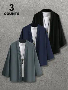 Men's Solid Color 3/4 Sleeve Open Front Kimono, Street Fashion Casual Comfy Top for Summer, Men's Clothes for Daily Wear, Gamis