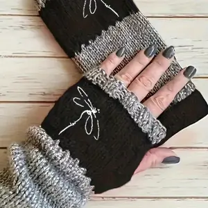 Dragonfly Embroidered Knitted Gloves, Soft Warm Elasticity, Craftsmanship, Winter Outdoor Activities, Unisex Casual Fashion Accessory