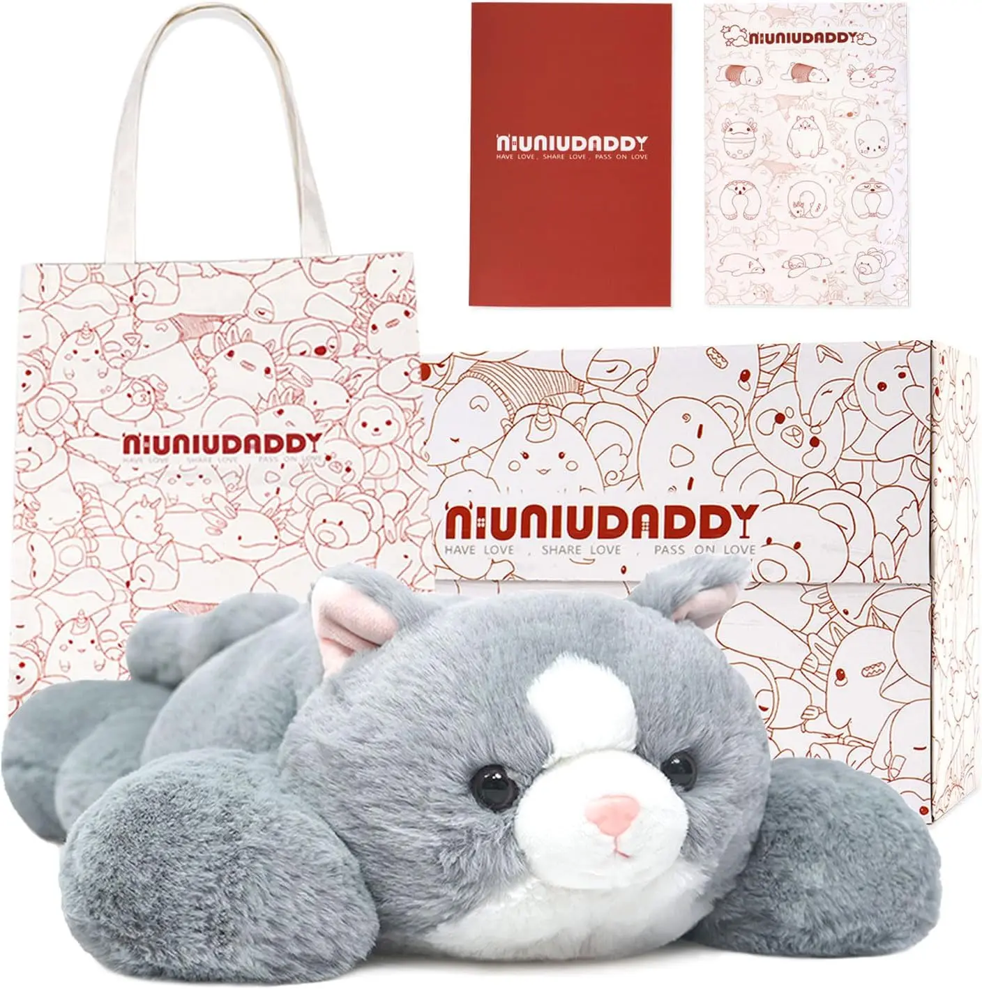 Niuniu Daddy Plush Cat Weighted Stuffed Animal with Gift Box, 3.3lbs Weighted Plushies Toy, Stuffed Cat Plush Pillow as Gift for Christmas Birthday