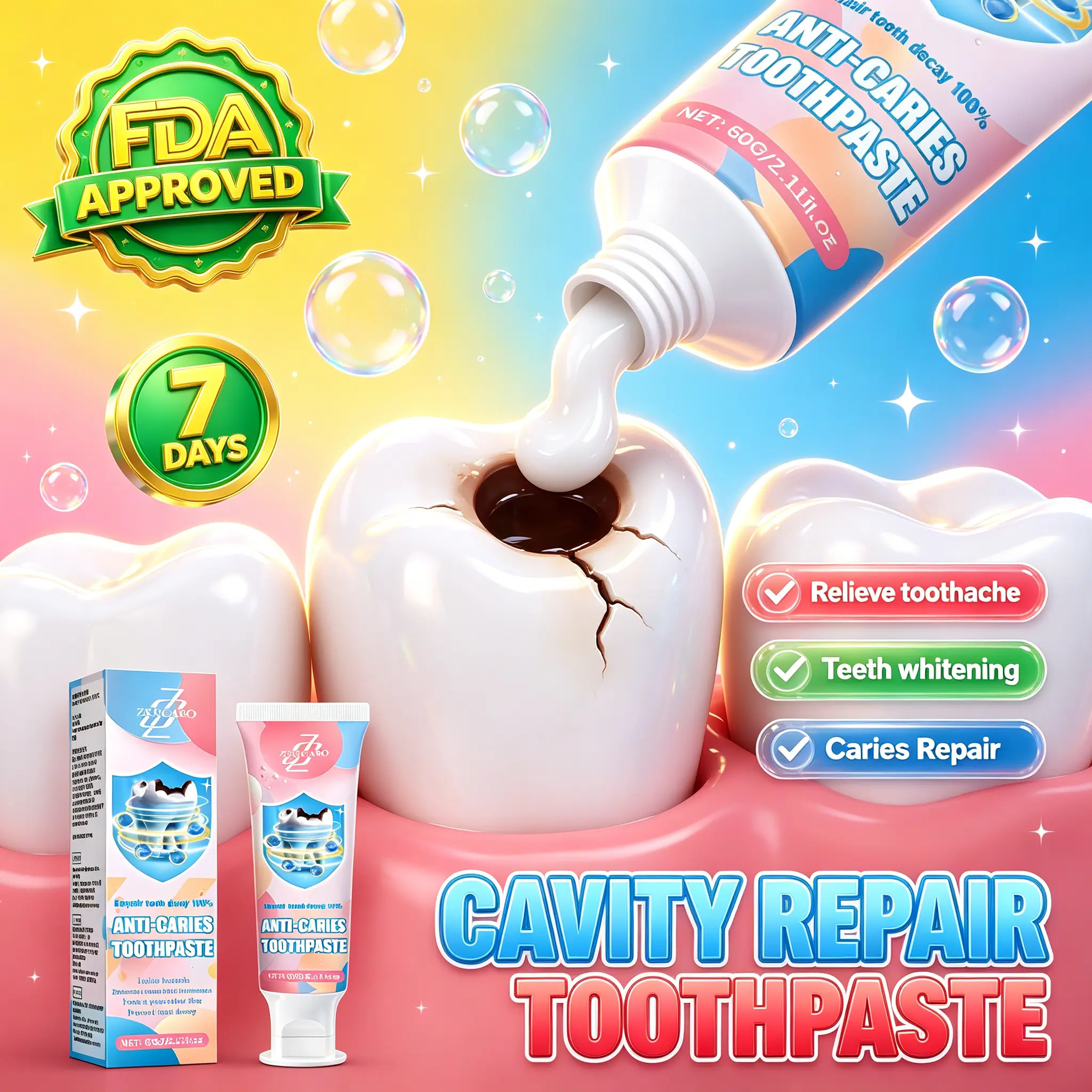 Tooth decay buster! FDA-approved anti-cavity toothpaste: repairs cavities, revitalizes enamel, removes plaque, soothes toothache, and provides long-lasting protection.