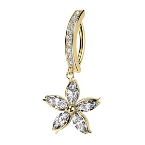 Dangle Flower Clicker Belly Ring- Surgical Steel 14 Gauge Hypoallergenic Bar Length 10mm Body Jewelry