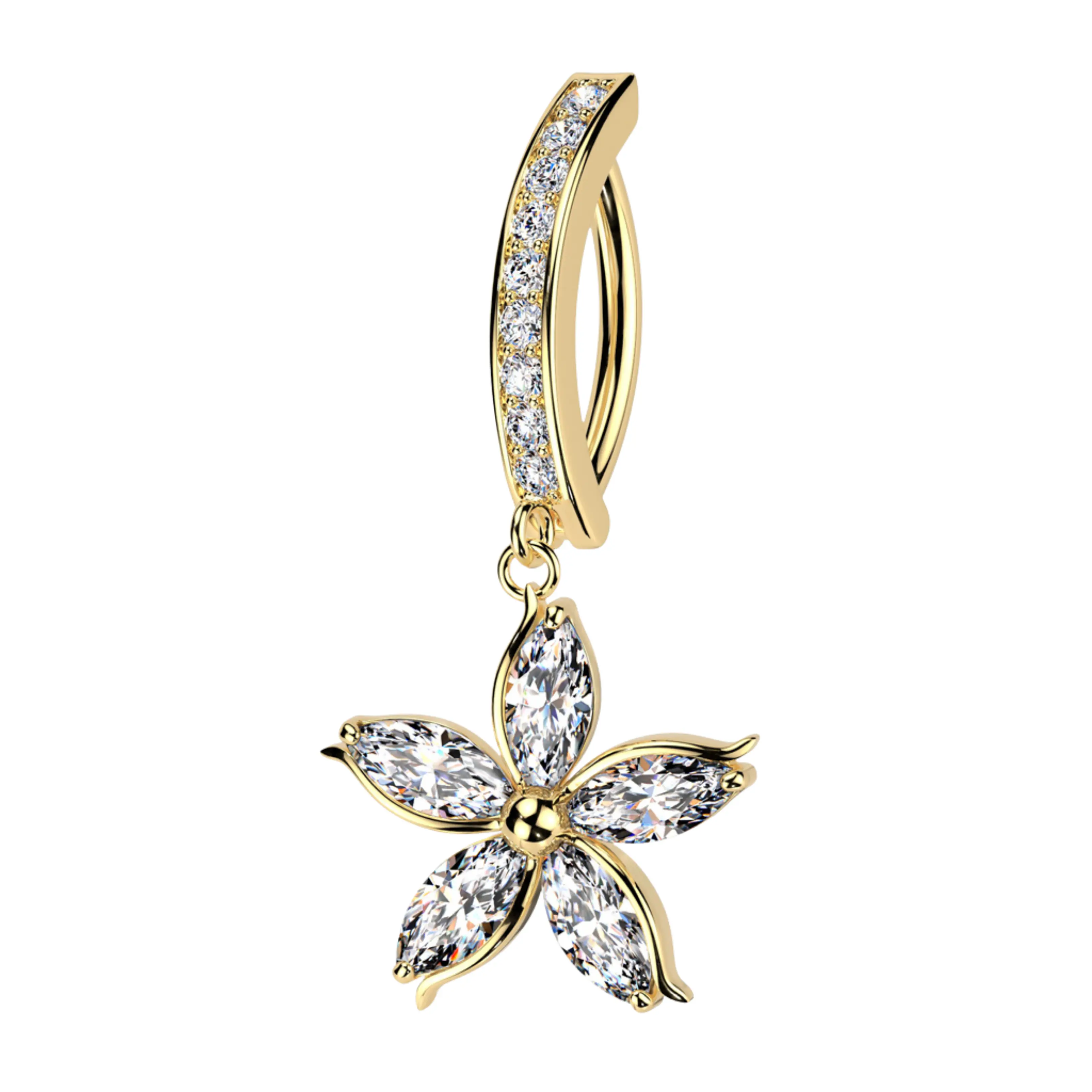 Dangle Flower Clicker Belly Ring- Surgical Steel 14 Gauge Hypoallergenic Bar Length 10mm Body Jewelry
