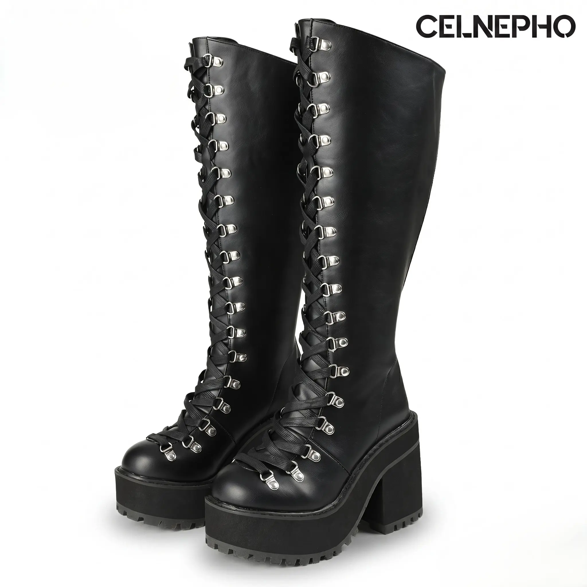CELNEPHO Knee High Boots for Women Round Toe Chunky Platform Heel Fashion Boot Lace Up Desing Combat Punk Gothic Shoes Party Date Music Festival Everyday Wear Jennifers Body Boots Trendy Dress Shoes