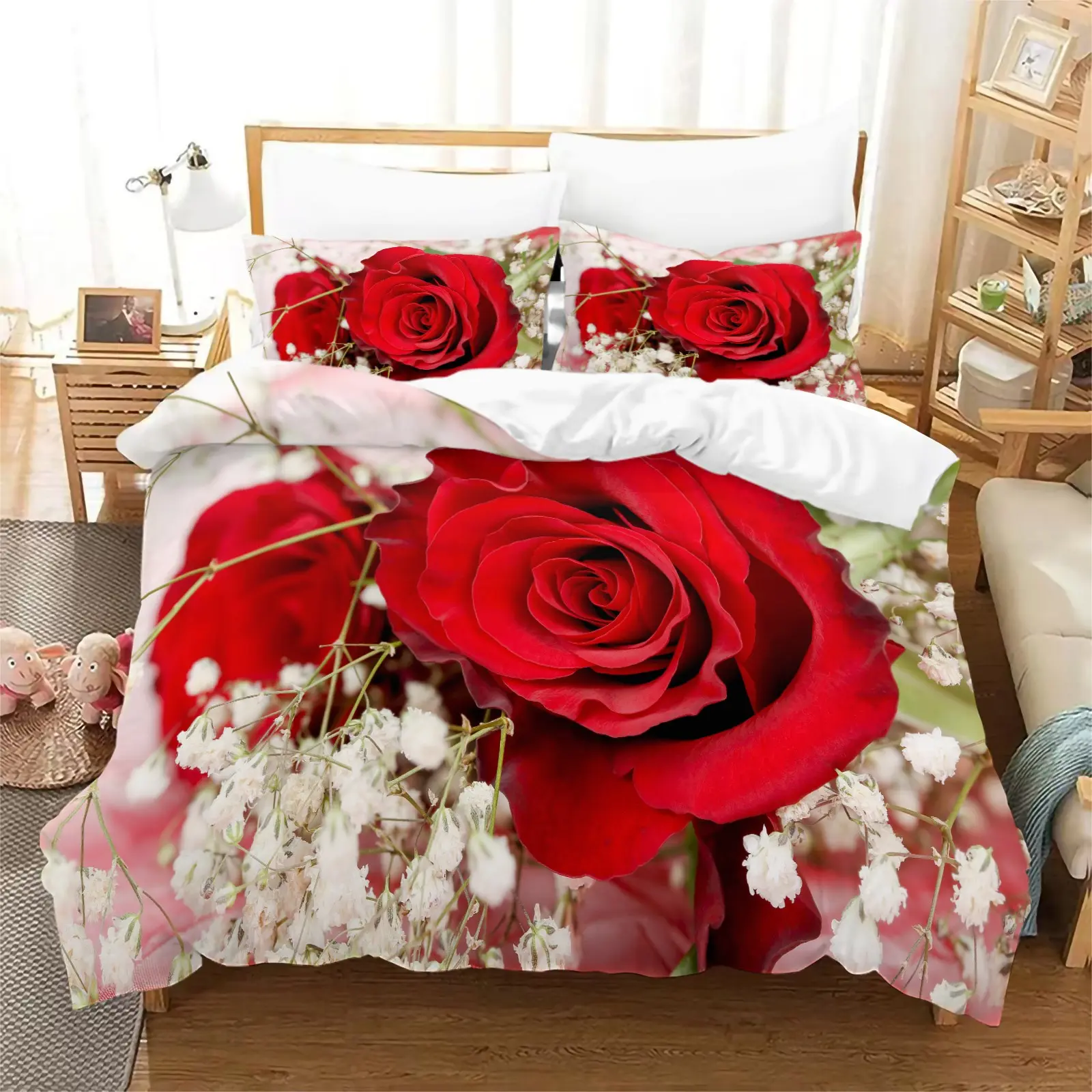 3-Piece Floral Digital Print Bedding Set, Soft Breathable Fabric, All-Season Use, Includes 1 Fitted Sheet + 2 Pillowcases, Breathable Duvet Set