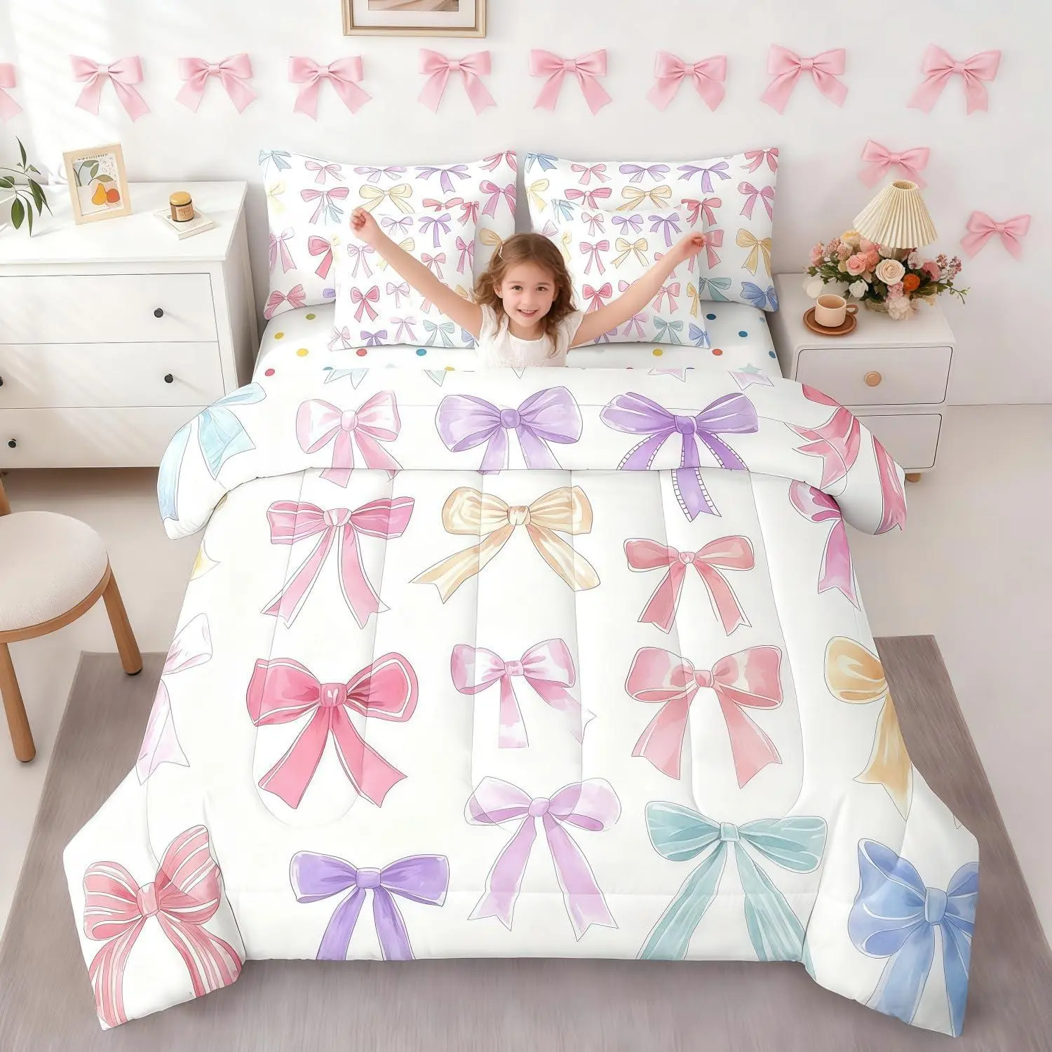Feelyou Ultra-Soft 7-Piece Butterfly Ribbon Bowknot Girls' Bedding Set - Matching Bedding with Comforter, Sheets, Queen Size Option, Cozy Setup for Daughters, Halloween/Thanksgiving Teen Bedroom Decor