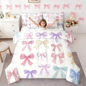 Feelyou Ultra-Soft 7-Piece Butterfly Ribbon Knot Bedding Set for Girls - Multi-Size Comforter with Sheets, Queen Bedding Sets, Lovely Bedroom Decor