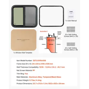 VEVOR Horizontal RV Window, 24 Wx 20 H Tinted Sliding RV Window with Net Screen Trim Ring, Fit 15/16-1 3/4 Thickness Wall, RV Window Replacement for Teardrop Cargo Trailer Camper, DOT Approved