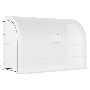 Outsunny 10' x 5' x 7' Lean to Greenhouse, Walk-In Green House, Plant Nursery with 2 Roll-up Doors and Windows, PE Cover and 3 Wire Shelves, White