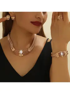 New Style Gold Alloy Hollow Exaggerated Necklace, Earrings, Bracelet & Ring Set