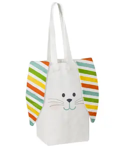 Easter Tote Bag with Bunny Ears 11.8" - Reusable Canvas Rabbit Bag | Boy & Girl Easter Baskets for Egg Hunts, Gifts & Spring Fun | Natural Material, Bunny Design, 11.8"X9.8"