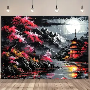 2D flat banner, 1pc， Japanese oil painting style background cloth, Backdrop Picture, Japanese river cherry blossom wood architecture retro elements, suitable for photo studios, living rooms, outdoor decoration, holiday celebrations