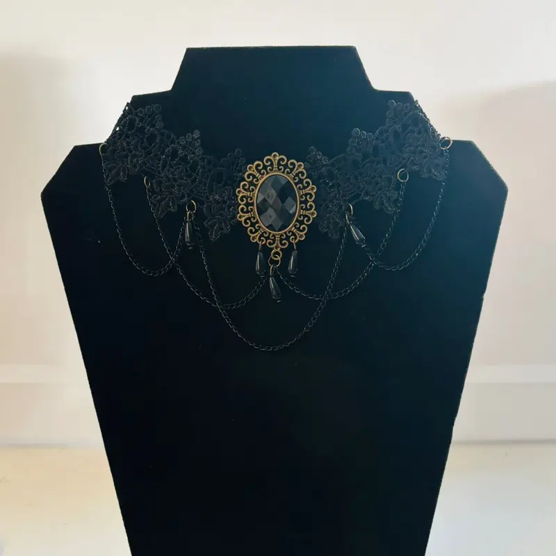 Black Rhinestone Crochet Adjustable Choker with Elegant Lace Design and Gold-Tone Accents