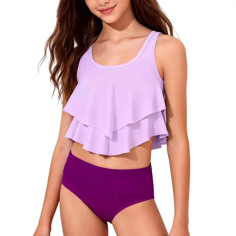 Girls Swimsuit Two Piece Bikini Sets Color-Block Tiered Ruffled Bathing Suit Girls Swimwear