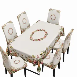 5/7-piece floral wreath dining table and chair set; country style round floral pattern tablecloth + chair covers; elegant dining room and home decor.