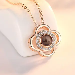Four-leaf clover with diamonds Plated 100 Languages I Love You Memory Necklace Projection Pendant Necklace For Women Silver Tone For Couples Picture Pendant Projection Necklace Valentine's Day Birthday Memorial Gifts for Girlfriend Lover Wife Women