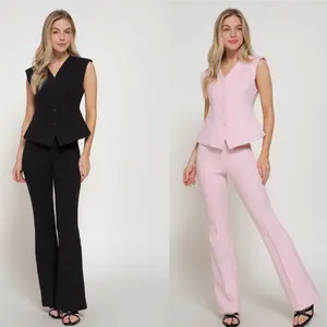 2pcs set Flare Knit Pants W/center Pintuck Seams +V-neck Knit Vest W/shoulder Pads
