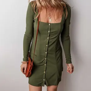 Guacamole Green Rib Knit Square Neck Buttoned Long Sleeve Mini Dress
