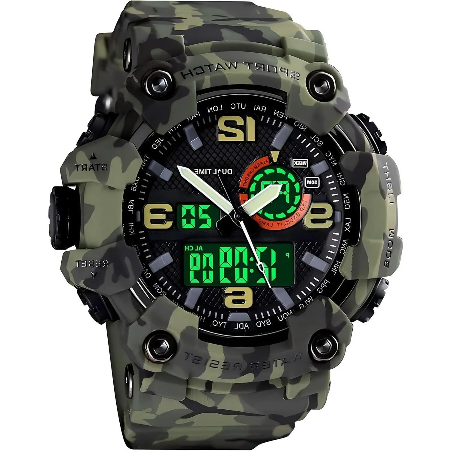 Men's Tactical Military Watch, 56mm Large Dial Analog-Digital Display, 50M Waterproof with PU Strap, Alarm and LED Backlight for Outdoor Sports, Batteries, Backlit, Sporty, Round, Chronograph, Buckle, Calendar, Electronic, 2.2 In, 50M - 100M, Plastic