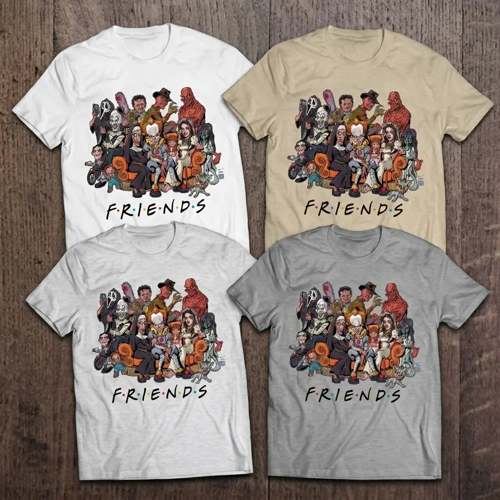 Horror Movie Friends Tee | Classic Horror Characters Graphic T-Shirt, Funny Tshirt, Spooky Friends Graphic Tee