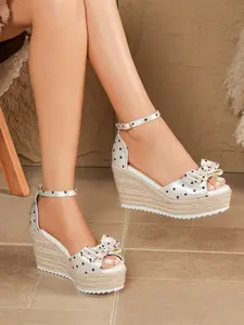 Elegant Polka Dot Bow Wedge Sandals, Women's Straw Buckle Ankle Strap Thick Sole High Heels, Comfortable and Stylish Footwear